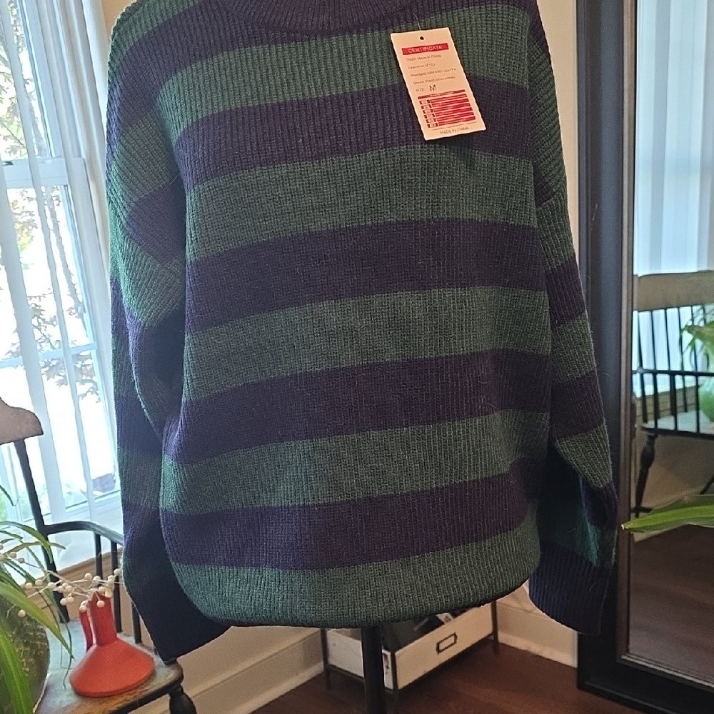 Green and Blue Striped Crew Neck Sweater
